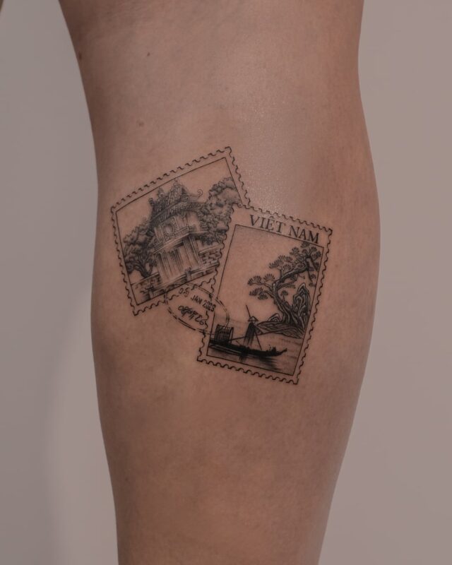 Vietnamese postage stamps linework tattoo with traditional architecture and landscape
