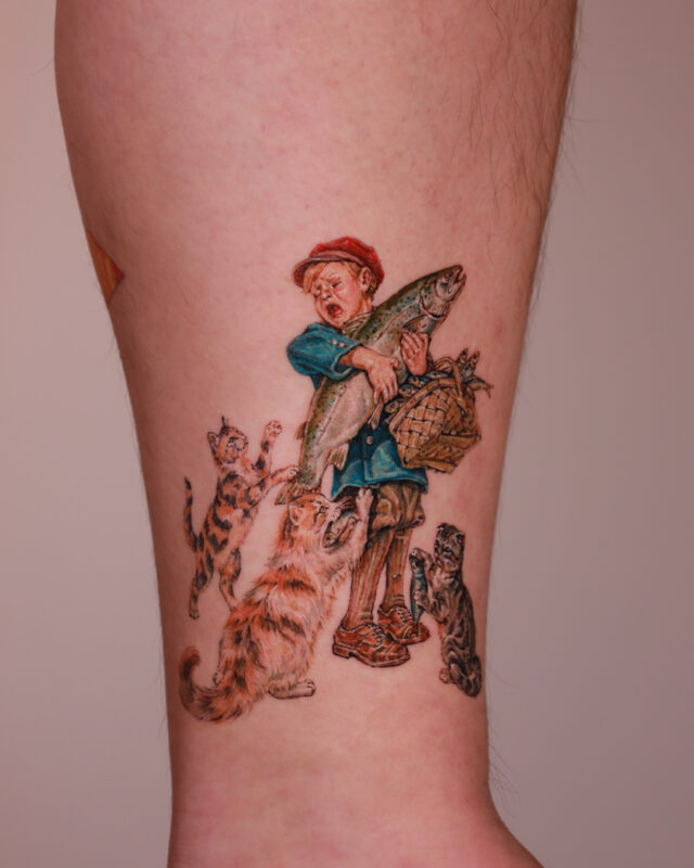 Storytelling tattoo of a boy holding a fish surrounded by cats in Hanoi by Azone Tattoo Studio
